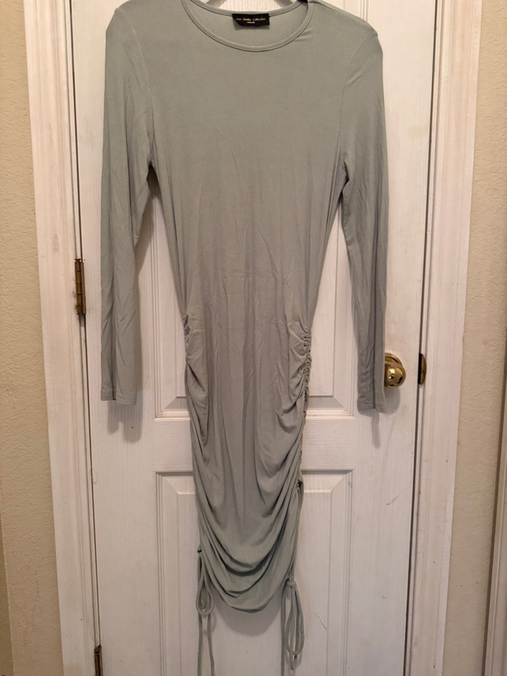 Sage Long-Sleeve Ruched Midi Dress with Drawstring Sides